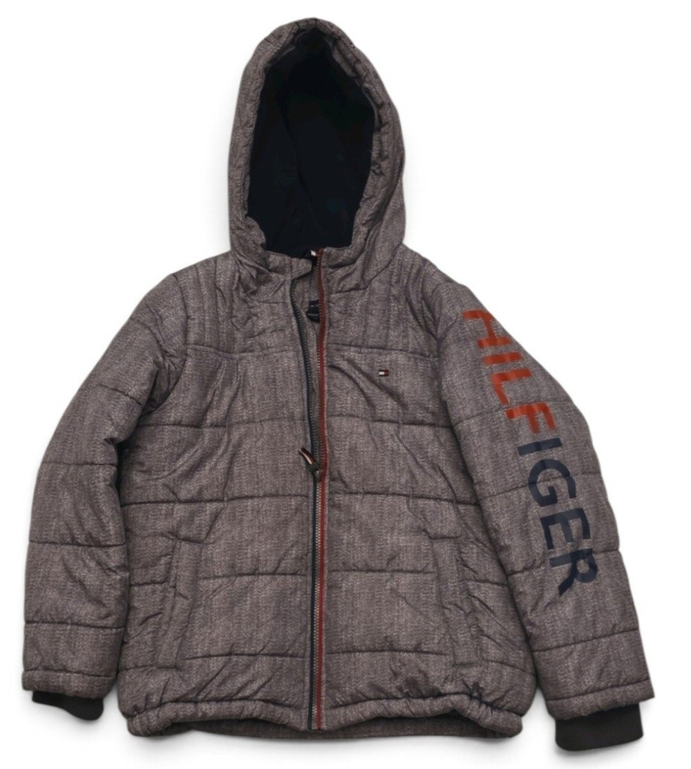 Tommy Hilfiger Boys Gray Hooded Puffer Jacket M 10/12 Full Zip Lined Pockets